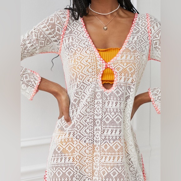 UO Sheer Lace Beach Cover-Up - White & Pink Long Sleeve Mini Dress - Picture 2 of 4